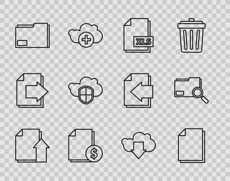 Set line Upload file document, Document, XLS, Finance, folder, Cloud and sh.. Stock Illustration