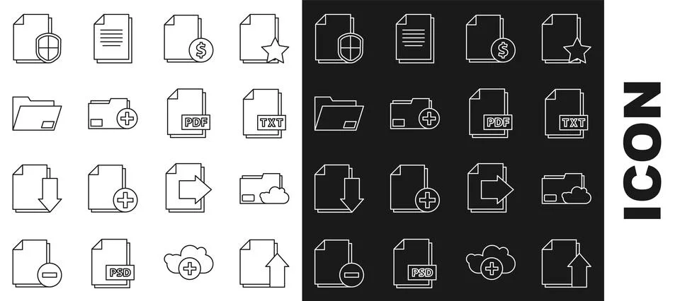 Set line Upload file document, Cloud storage text folder, TXT, Finance, Add.. 스톡 일러스트