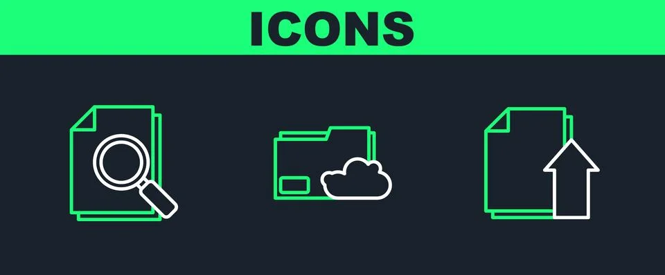 Set line Upload file document, Document with search and Cloud storage text .. 스톡 일러스트