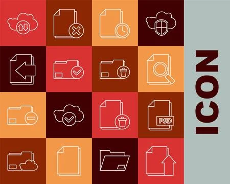 Set line Upload file document, PSD, Document with search, clock, folder and.. Stock Illustration