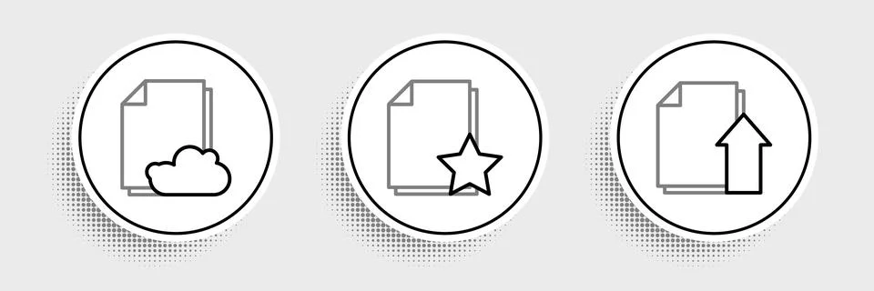 Set line Upload file document, Cloud storage text and Document with star ic.. Stock Illustration