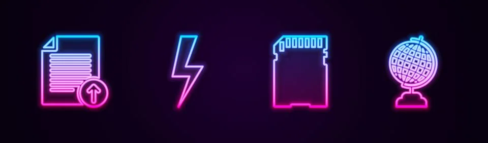 Set line Upload file, Lightning bolt, SD card and Earth globe. Glowing neon i Illustrazione stock