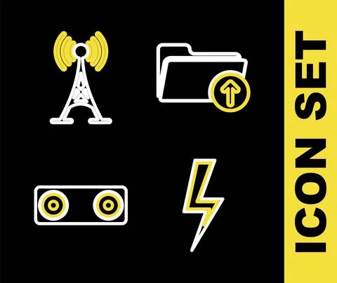 Set line Upload file, Play Video, Bluetooth connected and Antenna icon. Vector Stock Illustration