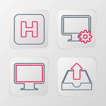 Set line Upload inbox, Computer monitor screen, and gear and Hospital icon Illustrazione stock