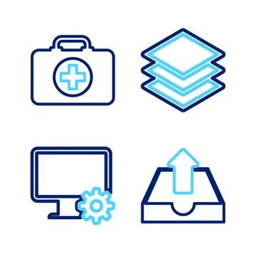 Set line Upload inbox, Computer monitor and gear, Layers and First aid kit icon Stock Illustration