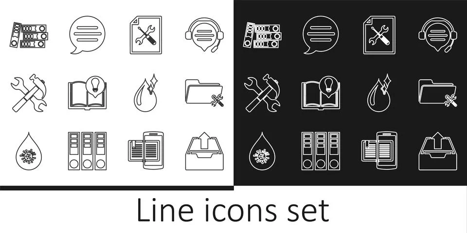 Set line Upload inbox, Folder service, File document, Interesting facts, Cr.. Stock Illustration