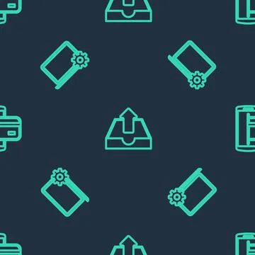 Set line Upload inbox, Laptop and gear and NFC Payment on seamless pattern Illustrazione stock