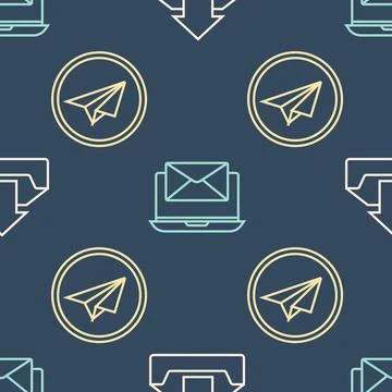 Set line Upload inbox, Paper plane and Laptop with envelope on seamless pattern Illustrazione stock