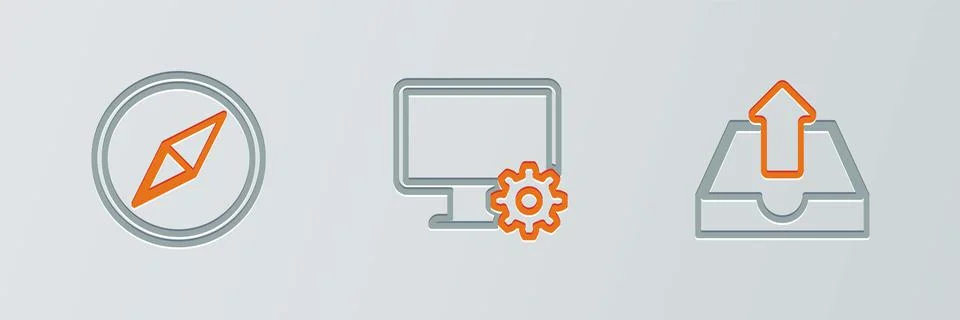 Set line Upload inbox, Wind rose and Computer monitor and gear icon. Vector Stock Illustration