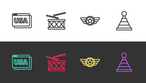 Set line USA on browser, Drum and drum sticks, Star American military and Party Stock Illustration