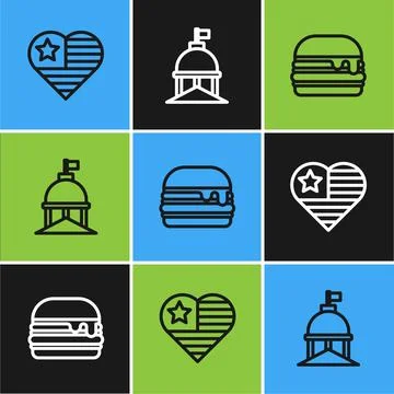 Set line USA Independence day, Burger and White House icon. Vector Stock Illustration