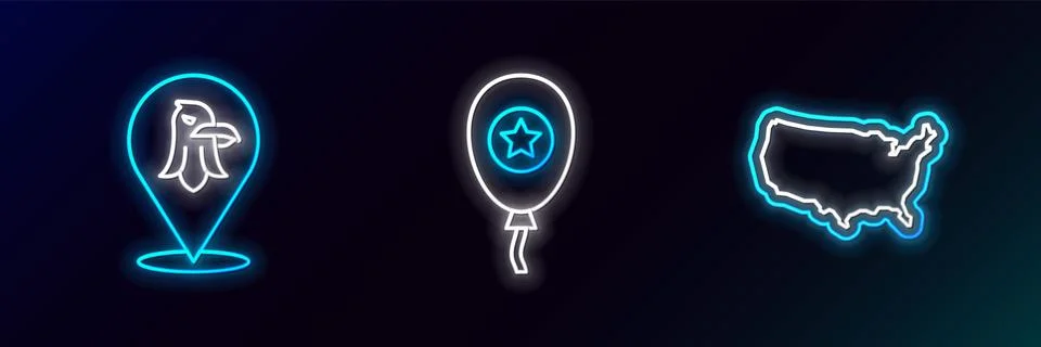Set line USA map, Eagle and Balloons icon. Glowing neon. Vector 스톡 일러스트