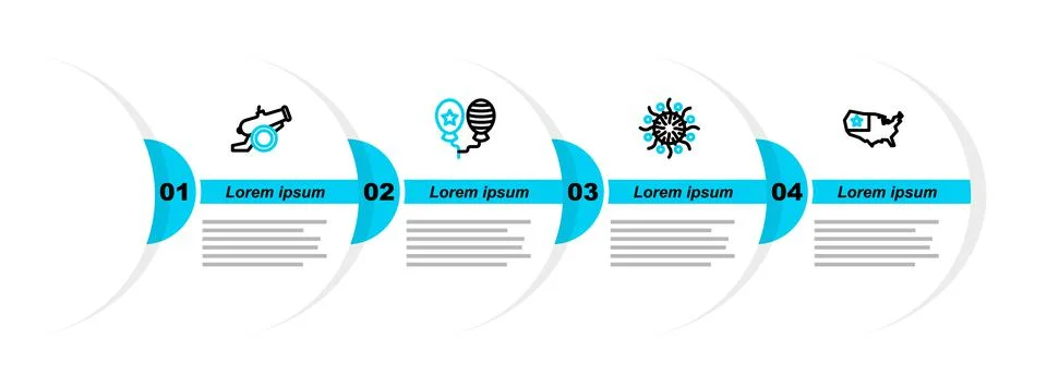 Set line USA map, Firework, Balloons and Cannon icon. Vector 스톡 일러스트