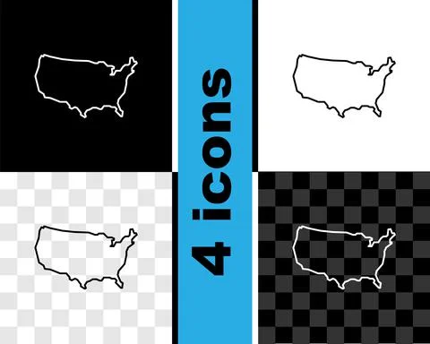 Set line USA map icon isolated on black and white, transparent background. Map Stock Illustration