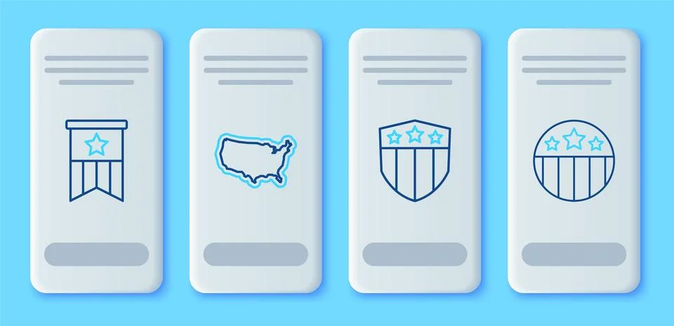 Set line USA map, Shield with stars, American flag and Medal icon. Vector Stock Illustration