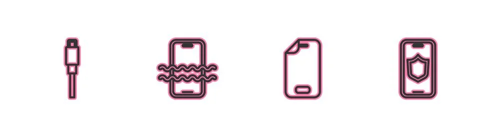 Set line USB cable cord, Glass screen protector, Waterproof phone and Mobile Illustrazione stock