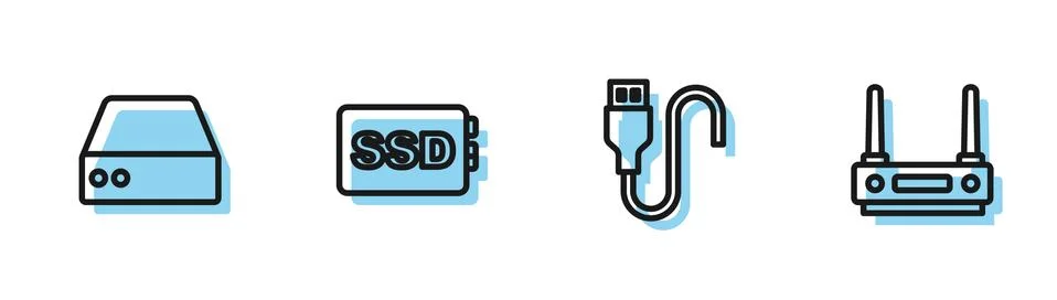 Set line USB cable cord, Server, Data, Web Hosting, SSD card and Router and wi Stock Illustration