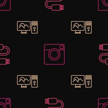 Set line USB cable cord, Photo retouching and camera on seamless pattern. Vector Illustration