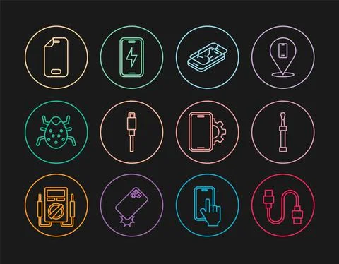 Set line USB cable cord, Screwdriver, Mobile with broken screen, System bug 스톡 일러스트