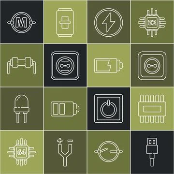 Set line USB cable cord, Processor with microcircuits CPU, Electrical outlet Stock Illustration
