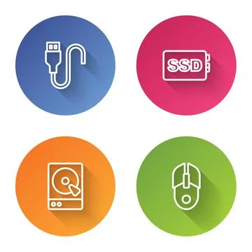 Set line USB cable cord, SSD card, Hard disk drive HDD and Computer mouse. Color Stock Illustration