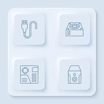 Set line USB cable cord, Computer cooler, Motherboard digital chip and Illustrazione stock