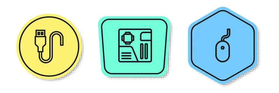 Set line USB cable cord, Motherboard digital chip and Computer mouse. Colored Stock Illustration
