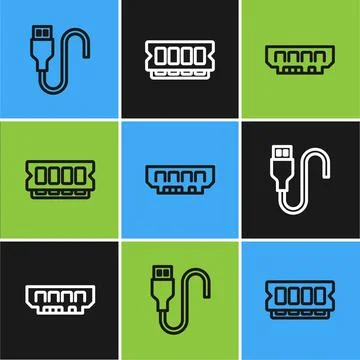 Set line USB cable cord, RAM, random access memory and icon. Vector Stock Illustration