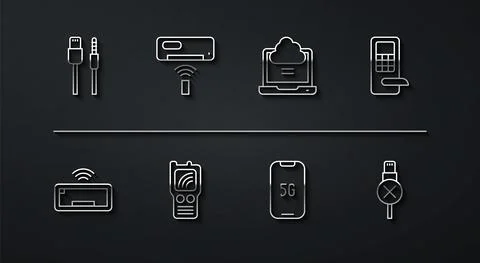 Set line USB cable cord, Computer keyboard, Digital door lock, Mobile with 5G Stock Illustration