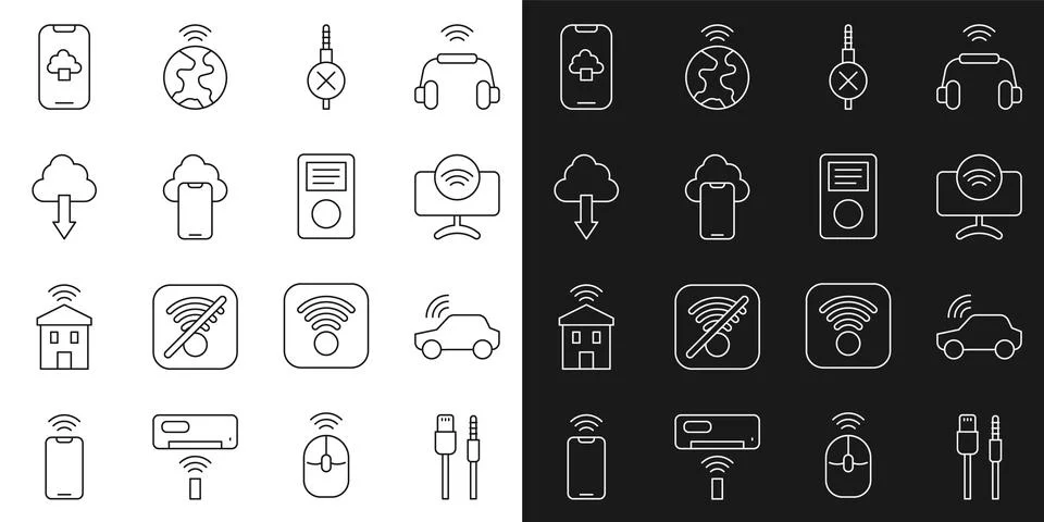 Set line USB cable cord, Smart car system, Tv, No audio jack, Cloud technology Illustrazione stock