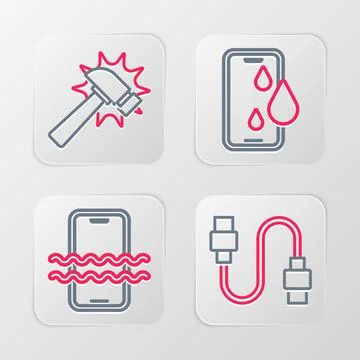 Set line USB cable cord, Waterproof phone, and Hammer icon. Vector 스톡 일러스트