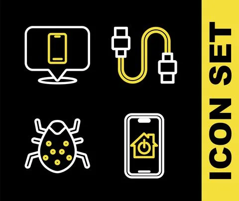 Set line USB cable cord, Mobile with smart home, System bug and Phone repair 스톡 일러스트