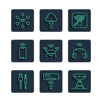 Set line USB cable cord, Air conditioner, Satellite dish, No Wi-Fi wireless Illustrazione stock