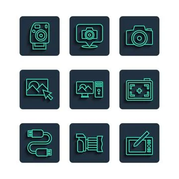 Set line USB cable cord, Photo camera, Graphic tablet, retouching,  and  icon Stock Illustration