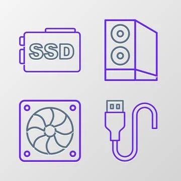 Set line USB cable cord, Computer cooler, Case of computer and SSD card icon Illustrazione stock