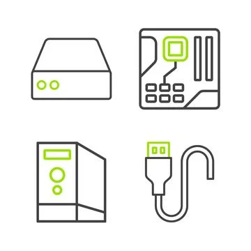 Set line USB cable cord, Case of computer, Motherboard digital chip and Server Illustrazione stock