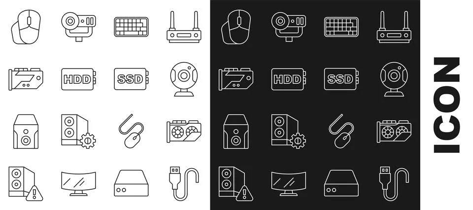 Set line USB cable cord, Video graphic card, Web camera, Keyboard, Hard disk Stock Illustration