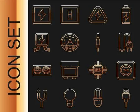 Set line USB cable cord, Electrical outlet, plug, High voltage, Ampere meter Stock Illustration
