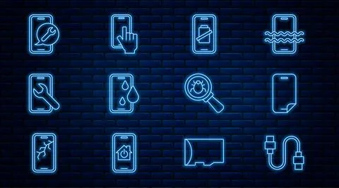 Set line USB cable cord, Glass screen protector, Smartphone battery charge Stock Illustration