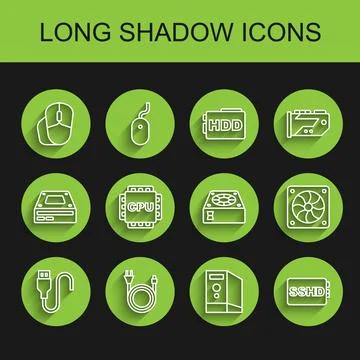 Set line USB cable cord, Electric plug, Computer mouse, Case of computer, S.. Illustrazione stock