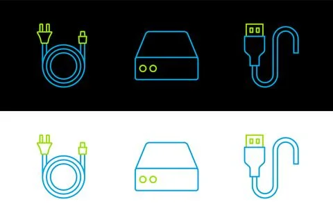 Set line USB cable cord, Electric plug and Server, Data, Web Hosting icon. .. 스톡 일러스트