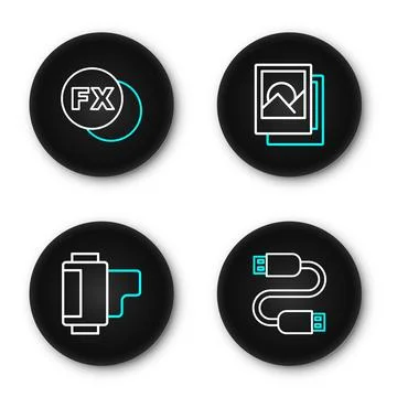 Set line USB cable cord, Camera roll cartridge, Photo frame and camera fx i.. Stock Illustration