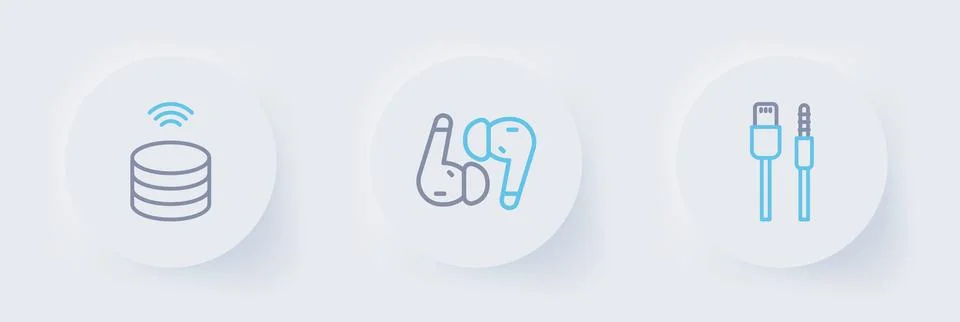 Set line USB cable cord, Air headphones and Smart data server icon. Vector 스톡 일러스트
