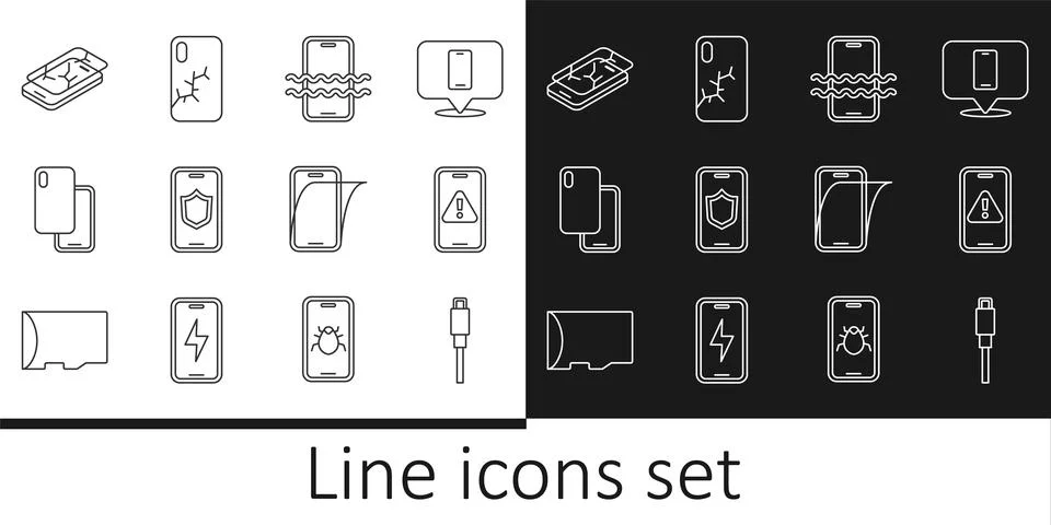 Set line USB cable cord, Mobile with exclamation mark, Waterproof phone, sh.. Stock Illustration