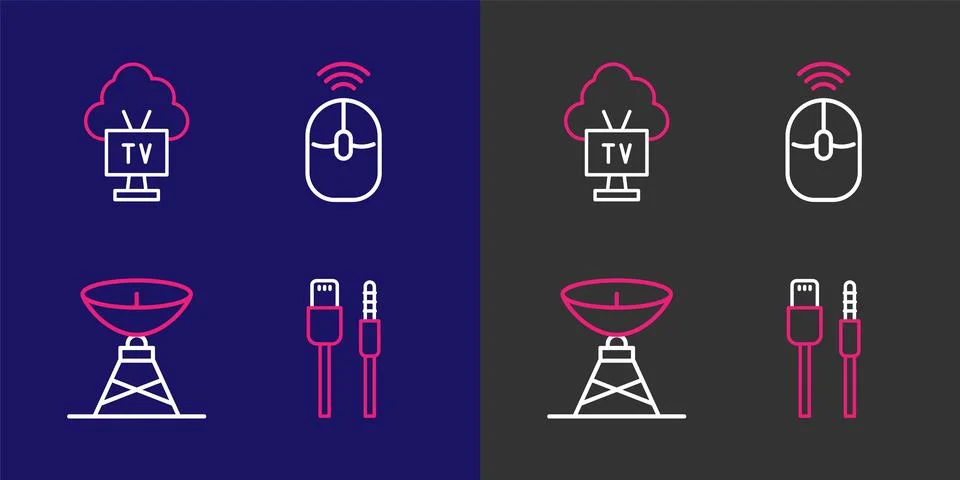 Set line USB cable cord, Satellite dish, Wireless computer mouse and Smart .. Stock Illustration