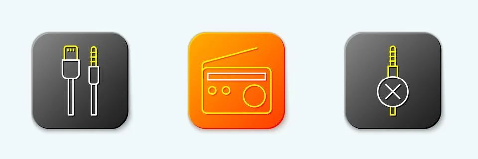Set line USB cable cord, Radio and No audio jack icon. Vector Stock Illustration