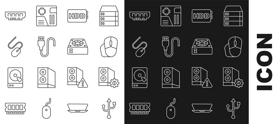 Set line USB, Case of computer, Computer mouse, Hard disk drive HDD, cable cord Illustrazione stock