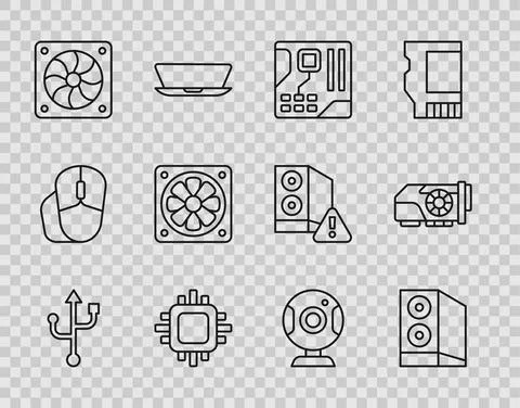 Set line USB, Case of computer, Motherboard digital chip, Processor with CPU Stockillustratie