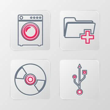 Set line USB, CD or DVD disk, Add new folder and Washer icon. Vector Stock Illustration