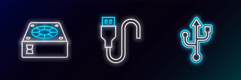 Set line USB, Computer cooler and cable cord icon. Glowing neon. Vector イラスト素材